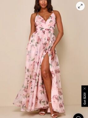 Lulu's Pink Floral V-Neck Slit Maxi Dress